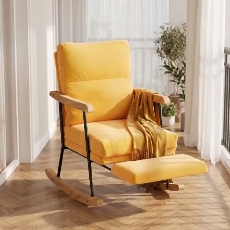 ADWOLT Fauteuil à Bascule,Rocking Chair avec avec repose-pieds extensibles,Scandinave,Pieds en Bois Massif,Coton et lin,jaune,64x97x94cm