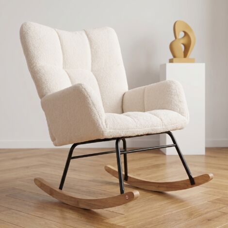 ADWOLT Fauteuil à Bascule,Rocking Chair, Scandinave, Pieds en Bois, Chaise, Pour Salon,Chambre,Salle à Manger,Laine d'agneau, Blanc,88x52x96cm