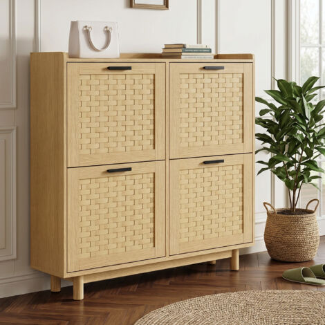 ADWOLT Meuble à chaussures en rotin,4 portes, couleur chêne,Armoire à Chaussures,16 paires,100x24x95 cm,Style Scandinave Moderne