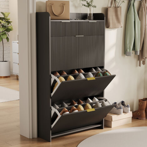ADWOLT Meuble à Chaussures Noir ,Armoire de Rangement pour Chaussures ,1 tiroirs, 3 portes, 20 Paires, 77x24x133.5 cm