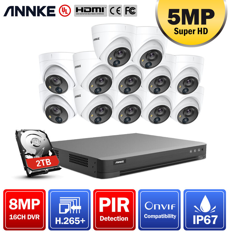 

ANNKE 16 canales 4K Ultra HD DVR Sistema de cámara de seguridad CCTV con cable con cámaras de torreta Super HD de 5MP Detección ONVIF PIR para