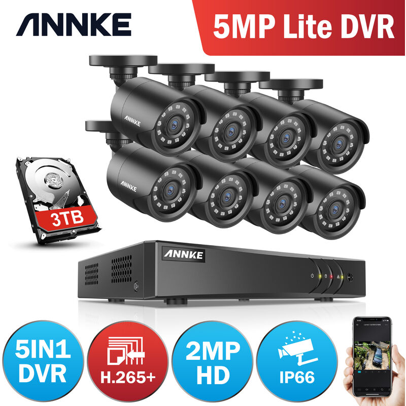 

ANNKE Sistema de cámara de seguridad CCTV de 16 canales 5MP 5 en 1 DVR con cámaras HD de 1080P resistentes a la intemperie para interiores y