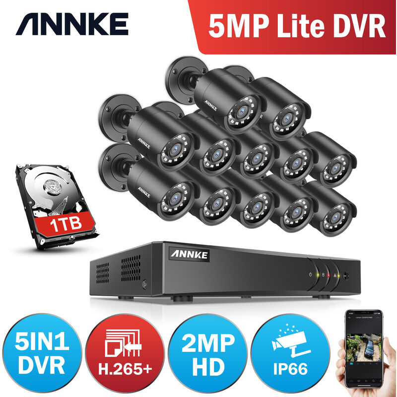 

ANNKE Sistema de cámara de seguridad CCTV de 16 canales 5MP 5 en 1 DVR con cámaras HD de 1080P resistentes a la intemperie para interiores y