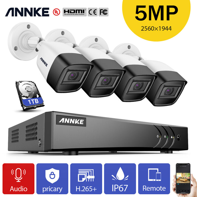 

Annke - 5MP H.265 Pro Home Wired DVR System Seguridad de la cámara con cámaras de 5 MP para videos al aire libre Kits de videovigilancia 4 cámaras