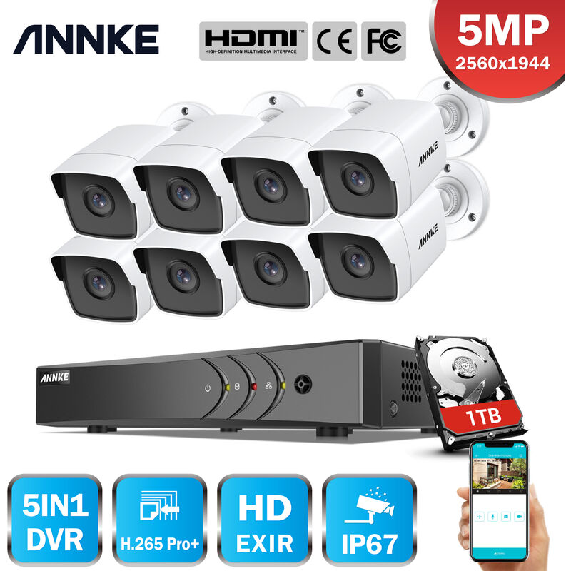 

ANNKE Sistema de cámara de seguridad con cable ANNKE de 5MP H.265 + DVR con cámaras PIR de 5MP para exteriores kits de videovigilancia 8 cámaras