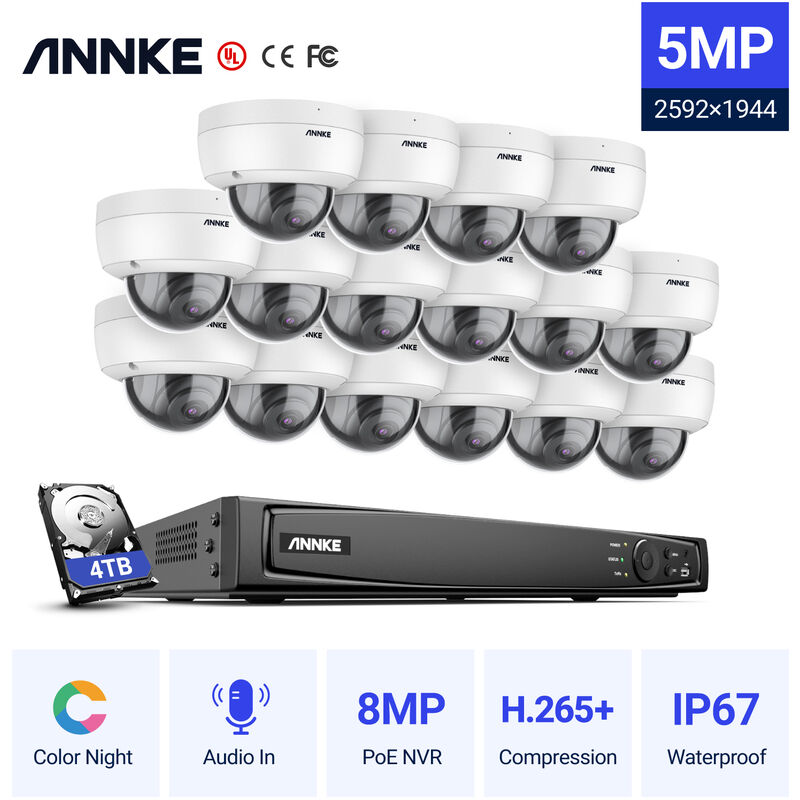 

Annke - 5MP PoE Sistema de cámara de seguridad IP con cámaras ONVIF Bullet 16CH 4K NVR 100 pies Videovigilancia de visión nocturna en color para