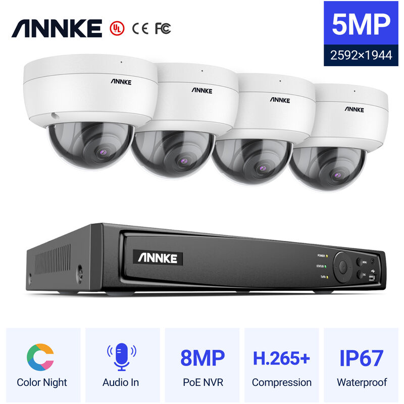 

Annke - 5MP PoE IP CCTV Sistema de cámara de seguridad con cámaras domo ONVIF 8CH 4K NVR 100 pies de visión nocturna en color para exteriores en