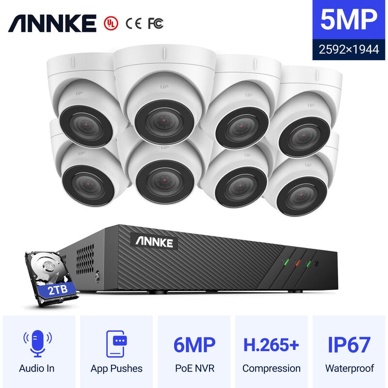

ANNKE 5MP PoE Sistema de cámara de seguridad IP con cámaras de torreta ONVIF NVR de 6MP 100 pies Videovigilancia de visión nocturna para exteriores