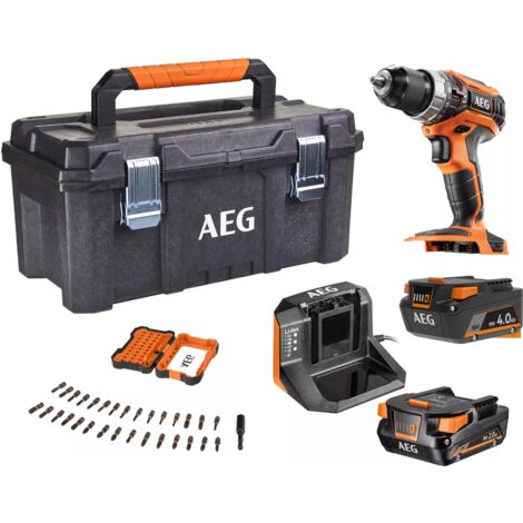 AEG - Perceuse-visseuse à percussion 18 Volts avec mandrin amovible métal de 13mm, 60Nm,Toolbox, 1 batterie 4Ah, 1 batterie 2Ah, 1 chargeur et 31 embouts de vissage - BSB18C2X-X02TB