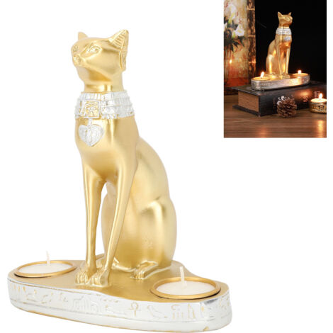 Ägyptische Katzen-Kerzenhalter-Figur aus Kunstharz, Modell F766, 16 x 10 x 18,5 cm, Gold, Antik-Vintage-Dekor
