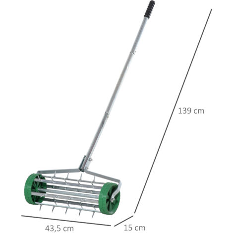 Aérateur de pelouse Outsunny, 43,5 cm de large, manuel, avec bac de rangement, outils de jardin, carotteuse, aération du sol, entretien des pelouses et des sols compactés