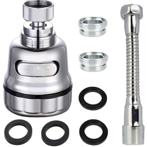 Aérateur de robinet cuisine 360°, 3 modes, acier inoxydable + silicone, finition argent, compatible tous robinets