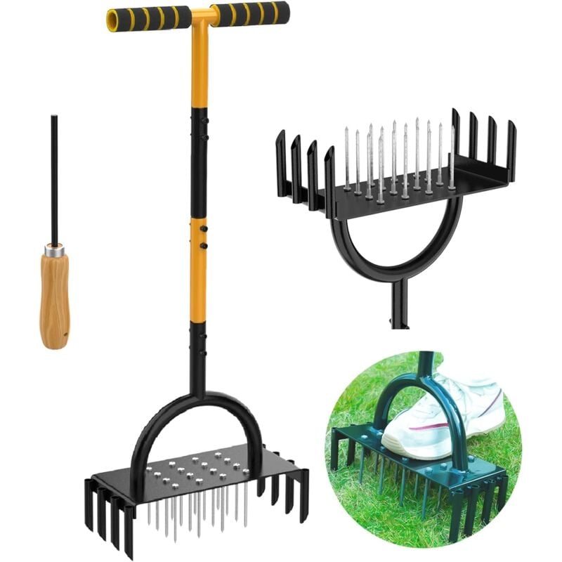 Aérateur Gazon, 96cm Aérateurs Gazon Manuels avec Outil de Nettoyage, Aérateur de Pelouse Manuel pour Entretien Jardin/Cour, Aérateur de Pelouse,