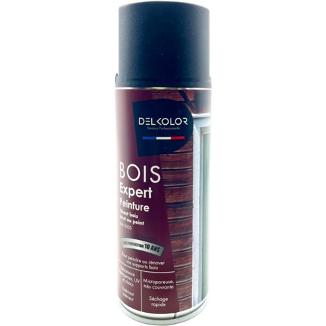 Aérosol Delkolor Peinture Microporeuse spéciale Bois 400ML  Couleur: RAL 9005 NOIR FONCE SATINE