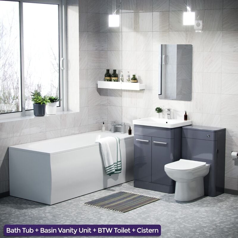 3 Piece Bathroom Suite Anthracite 600mm Vanity, wc, Back To Wall Toilet & Straight Bath
