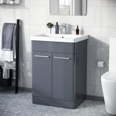 Afern 600mm Vanity Unit Cabinet and Wash Basin Steel Grey- Flat Pack