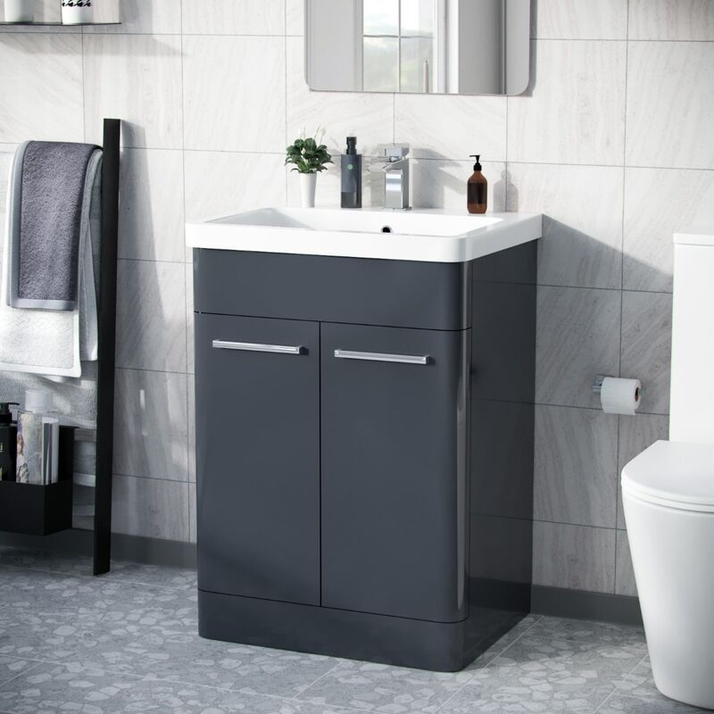 Afern 600mm Vanity Unit Cabinet mdf & Wash Ceramic Basin Anthracite - Flat Pack