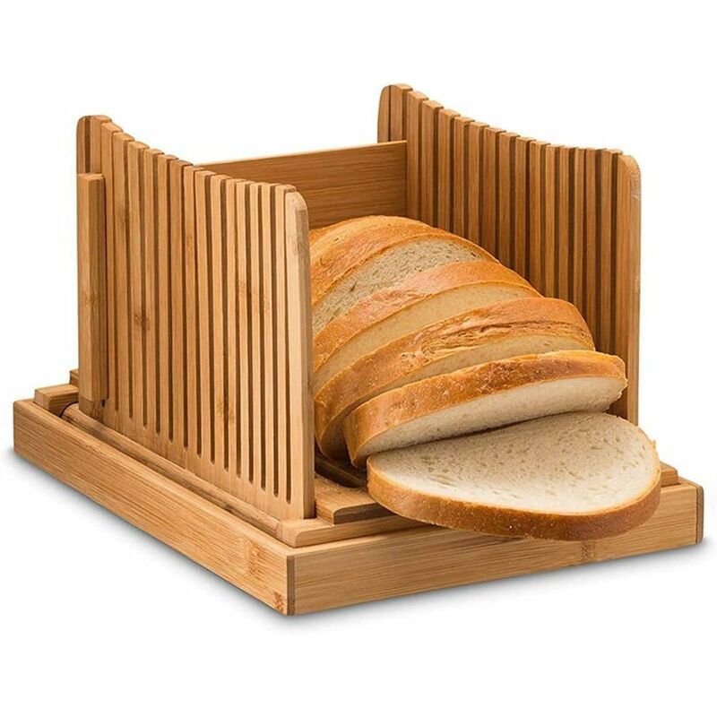 Image of Fortuneville - Affettatrice per pane in bambù - Regolabile, compatta, pieghevole, guida per affettare con vassoio raccogli briciole, 3 spessori