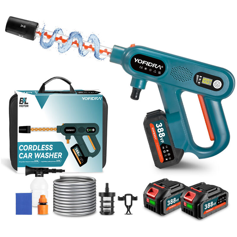 Onevan - Nettoyeur haute pression sans fil 100 bar, Écran de réglage led, débit 4.1L/min,nettoyeur haute pression portable 5 en 1 - Bleu et orange