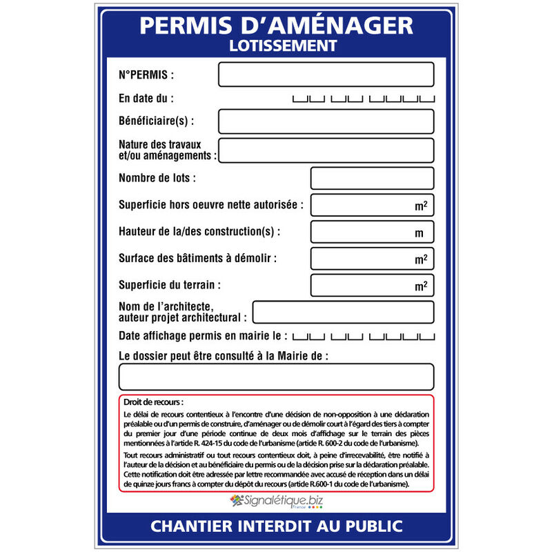 Panneau Permis d'aménager Lotissement + Marqueur noir (W1037). Avec oeillets . - Avec oeillets