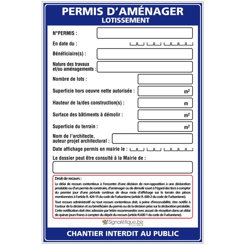 Panneau Permis d'aménager Lotissement + Marqueur noir (W1037). Sans oeillets . - Sans oeillets