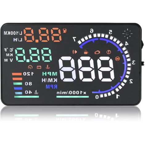 Affichage tête haute OBDII HUD pour voitures A8 Affichage tête haute 5,5 pouces Compteur de vitesse numérique pour voiture MPH avec alarme multiple, capteur de lumière Interface OBDII pour pare-brise