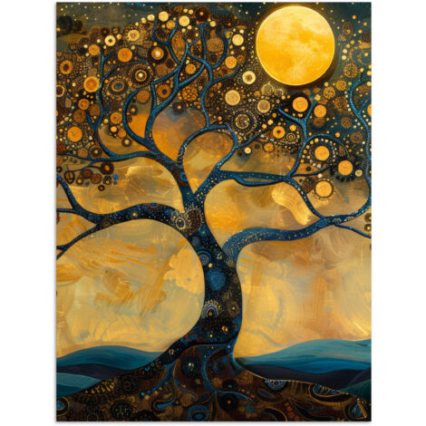 AFFICHE Arbre - Lune - Fleurs - Or - Art Décoration Murale 60x80 cm