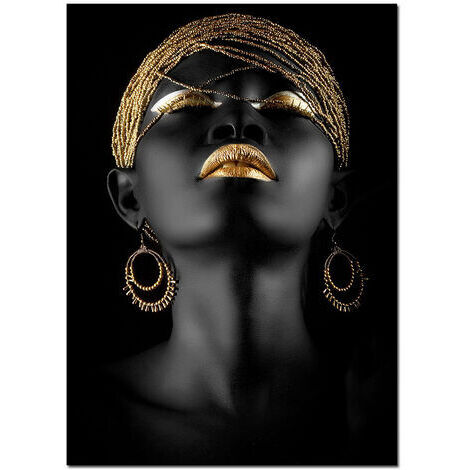 Affiche art africain femme noire avec coiffe dorée – Impression giclée sur toile 60x80 cm – Décoration murale élégante – Jormftte
