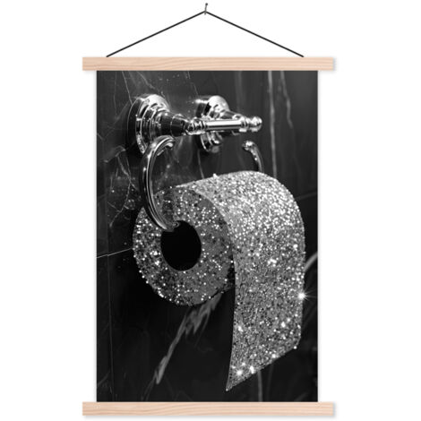 AFFICHE AVEC CADRE MAGNÉTIQUE WC - Papier hygiénique - Noir et blanc - Paillettes 60x90