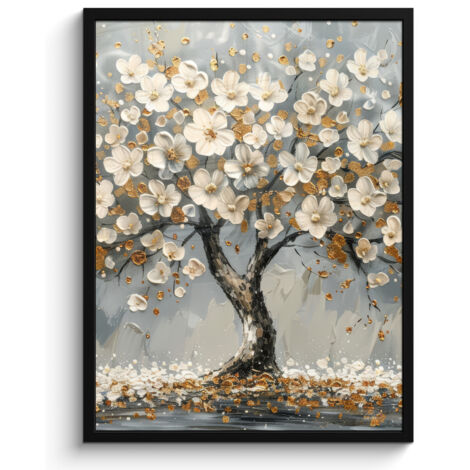 AFFICHE ENCADRÉE Arbre - Fleurs - Blanc - Nature - Art Tableau Décoration Murale 60x80