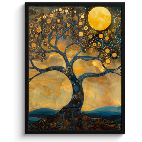 AFFICHE ENCADRÉE Arbre - Lune - Fleurs - Or - Art Tableau Décoration Murale 60x80