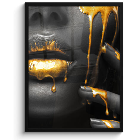 AFFICHE ENCADRÉE Femme - Noir - Or - Visage - Lèvres Tableau Décoration Murale 60x80