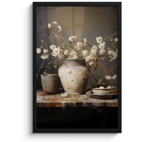 AFFICHE ENCADRÉE Nature morte - Fleurs - Bouquet - Vase - Vin Cadre Décoration Murale 40x60