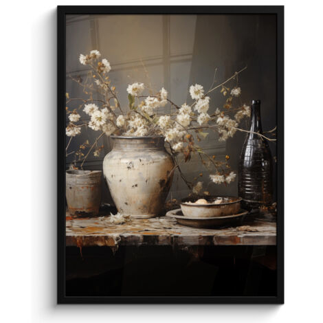 AFFICHE ENCADRÉE Nature morte - Fleurs - Bouquet - Vase - Vin Tableau Décoration Murale 60x80