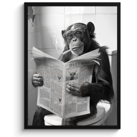 AFFICHE ENCADRÉE Singe - WC - Journal - Noir et blanc - Humour Tableau Décoration Murale 60x80