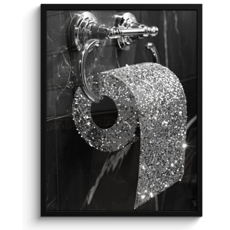 AFFICHE ENCADRÉE WC - Papier hygiénique - Noir et blanc - Paillettes Tableau Décoration Murale 60x80