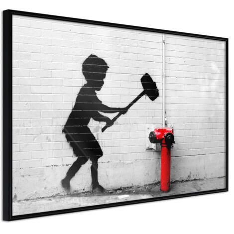 Affiche Murale Encadrée "Banksy Hammer Boy" 30 x 20 cm Noir