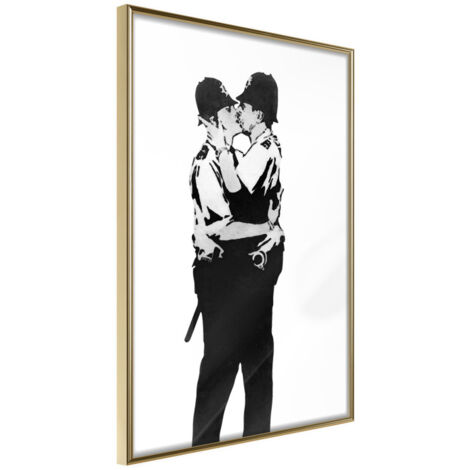 Affiche Murale Encadrée "Banksy Kissing Coppers I" 21 x 30 cm Or