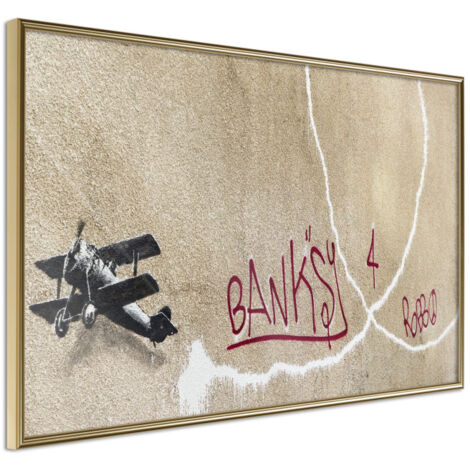 Affiche Murale Encadrée "Banksy Love Plane" 30 x 20 cm Or