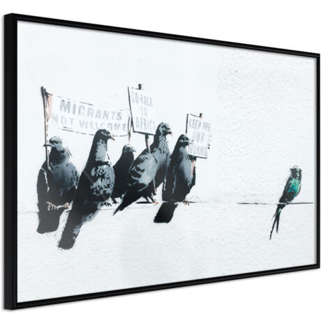 Affiche Murale Encadrée "Banksy Pigeons" 30 x 20 cm Noir