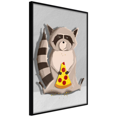 Affiche Murale Encadrée "Racoon Eating Pizza" 30 x 42 cm Noir