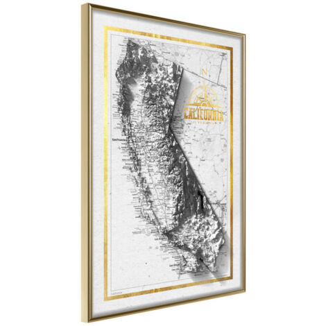 Affiche Murale Encadrée "Raised Relief Map California" 21 x 30 cm Or