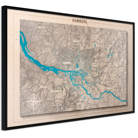Affiche Murale Encadrée "Raised Relief Map Hamburg" 30 x 20 cm Noir
