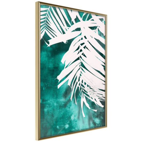 Affiche Murale Encadrée "White Palm on Teal Background" 21 x 30 cm Or