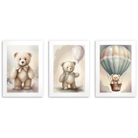 Affiche murale pastel pour chambre d'enfant. Adorables ours en peluche (3 x 30 x 40 cm)