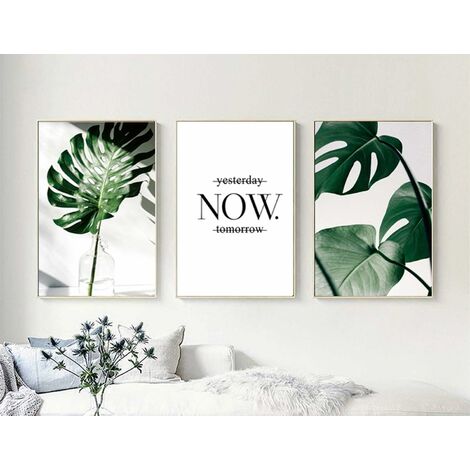 Affiches Plantes Verte et Citation Noir et Blanc Tableau Décoration Murale Toile Feuille Tropical Poster Impression, Guazhuni, sans Cadre (3 pièces)