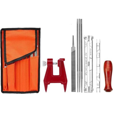 Affilacatene professionale compatibile con motoseghe STI-HL con lime da 5/32", 3/16" e 7/32", manico in legno, indicatore di profondità, guida, borsa porta attrezzi e viti.