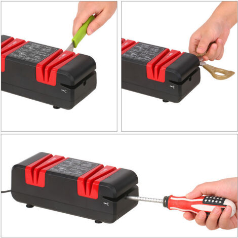 Affilacoltelli elettrico multifunzione automatico con smusso, bordi grezzi e scanalature fini (15 gradi), include spazzola e 3 mole abrasive sostituibili, nero.