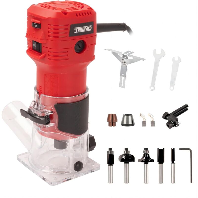 TEENO Affleureuse 650W 15000-32000 RPM, 6 Vitesses Variables,Profession Défonceuse Électrique Avec Fraises à Défoncer Queue de 1/4",Base Fixe Mèches