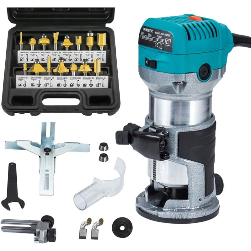 Affleureuse Défonceuse Trimmer Router Fraiseuse Électrique Outil à Bois 710W Pince 8mm 6.35mm + Coffret de 15 Fraises à défoncer Queue de 1/4' pour